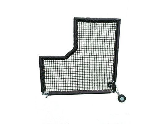 A black and white mesh screen with wheels.