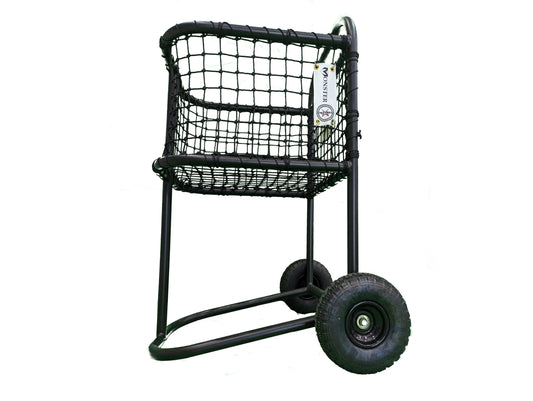 A black cart with wheels and a basket on top.