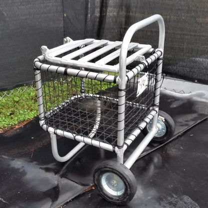 A metal cart with wheels and a basket on top.