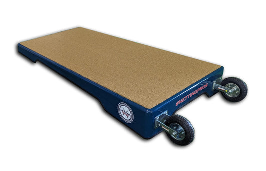A blue skateboard with wheels and a cork platform.