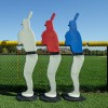 Three red, white and blue baseball players are standing in a field.