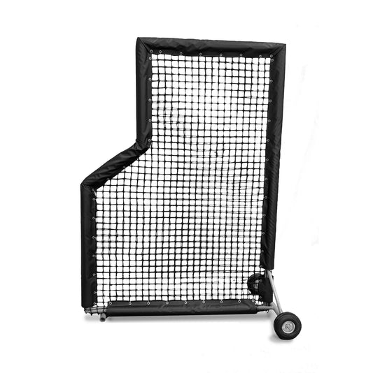 A black baseball screen with wheels on the side.