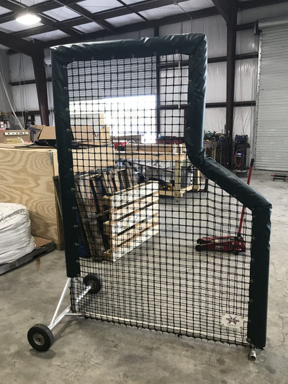 A baseball cart with a net on the back.