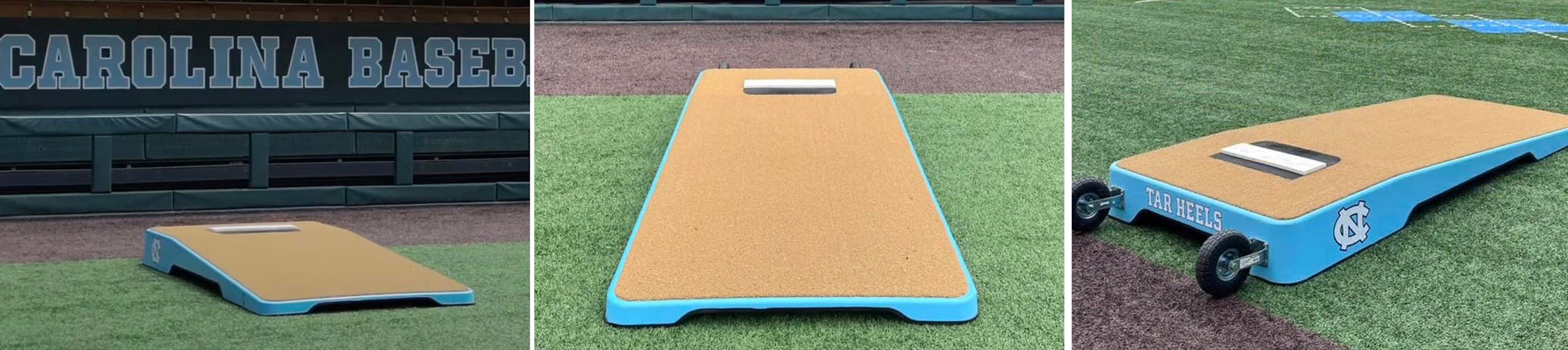 A blue and tan mat on the grass.