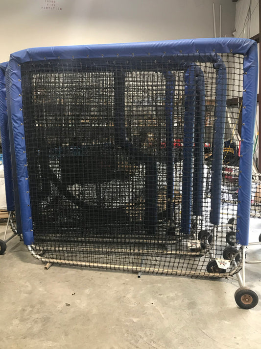 A cage with wheels and a blue net.