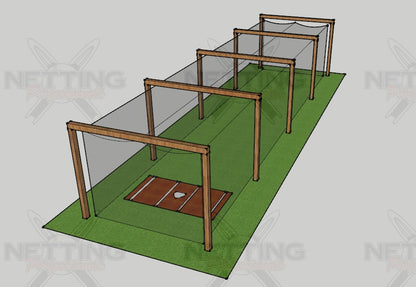 A baseball field with batting cages and a base.