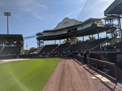 A baseball field with a lot of grass on the ground