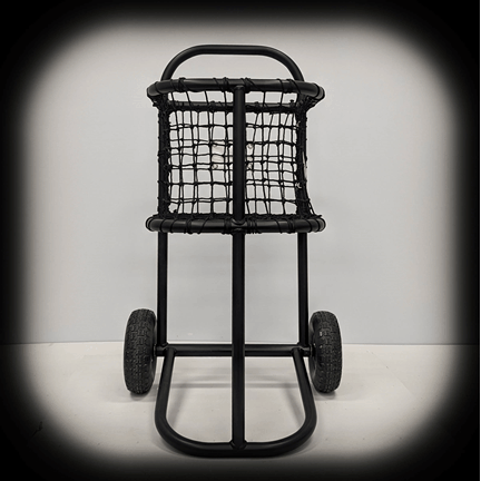 A black cart with wheels and a basket on the back.
