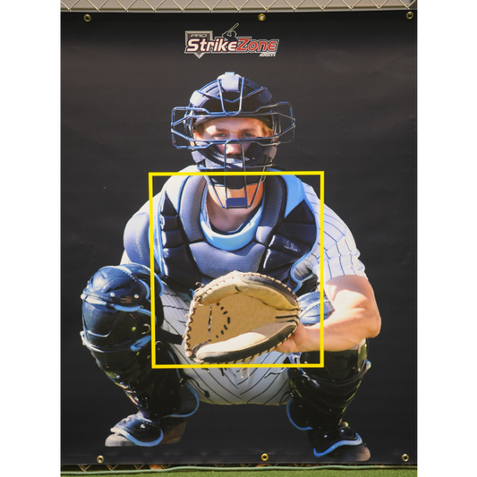 A baseball catcher is posed in front of the picture.